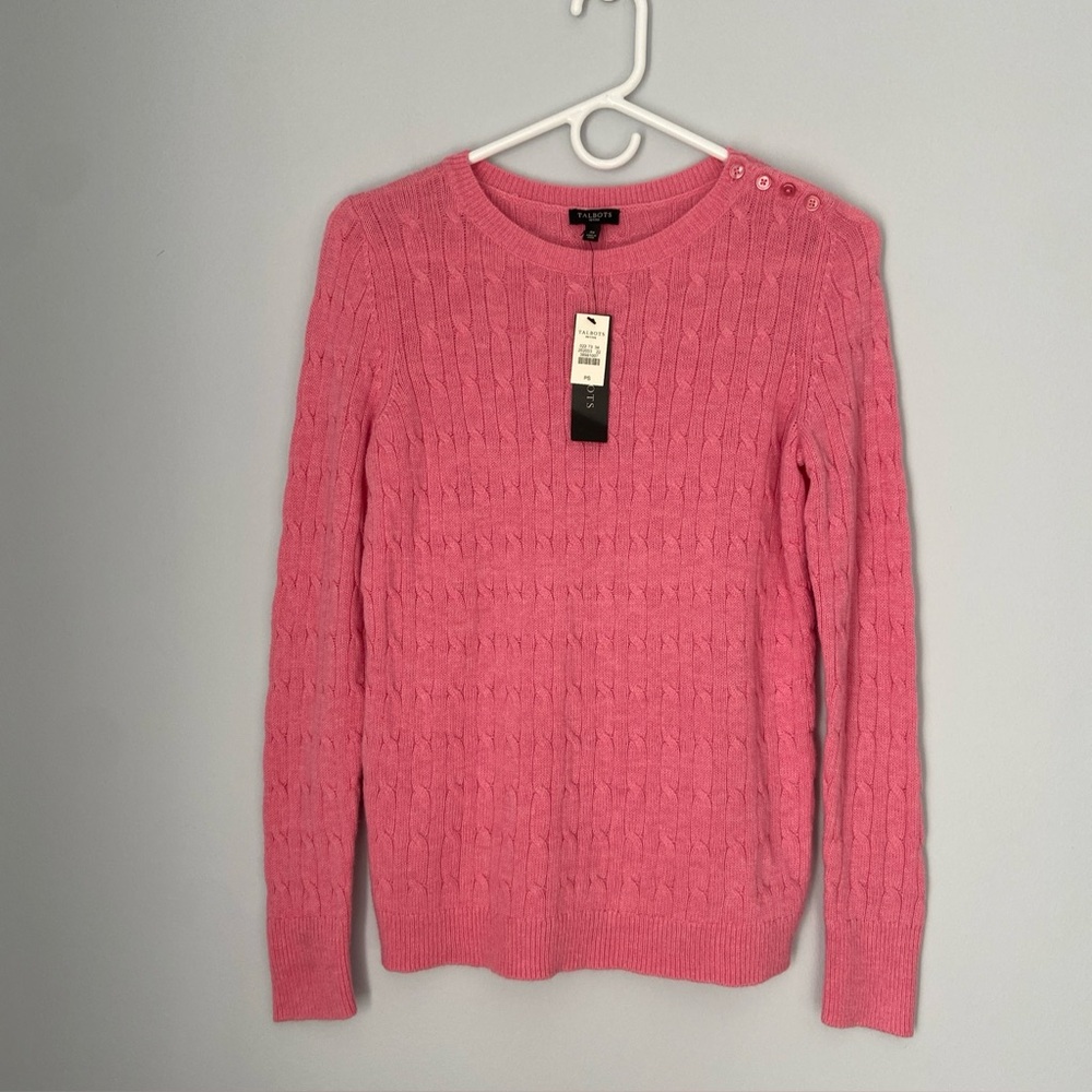NWT Talbots Petite small rose Pink Cable Knit Sweater Wool Blend Lightweight